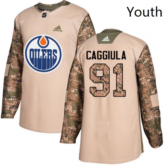 Youth Adidas Edmonton Oilers 91 Drake Caggiula Authentic Camo Veterans Day Practice NHL Jersey